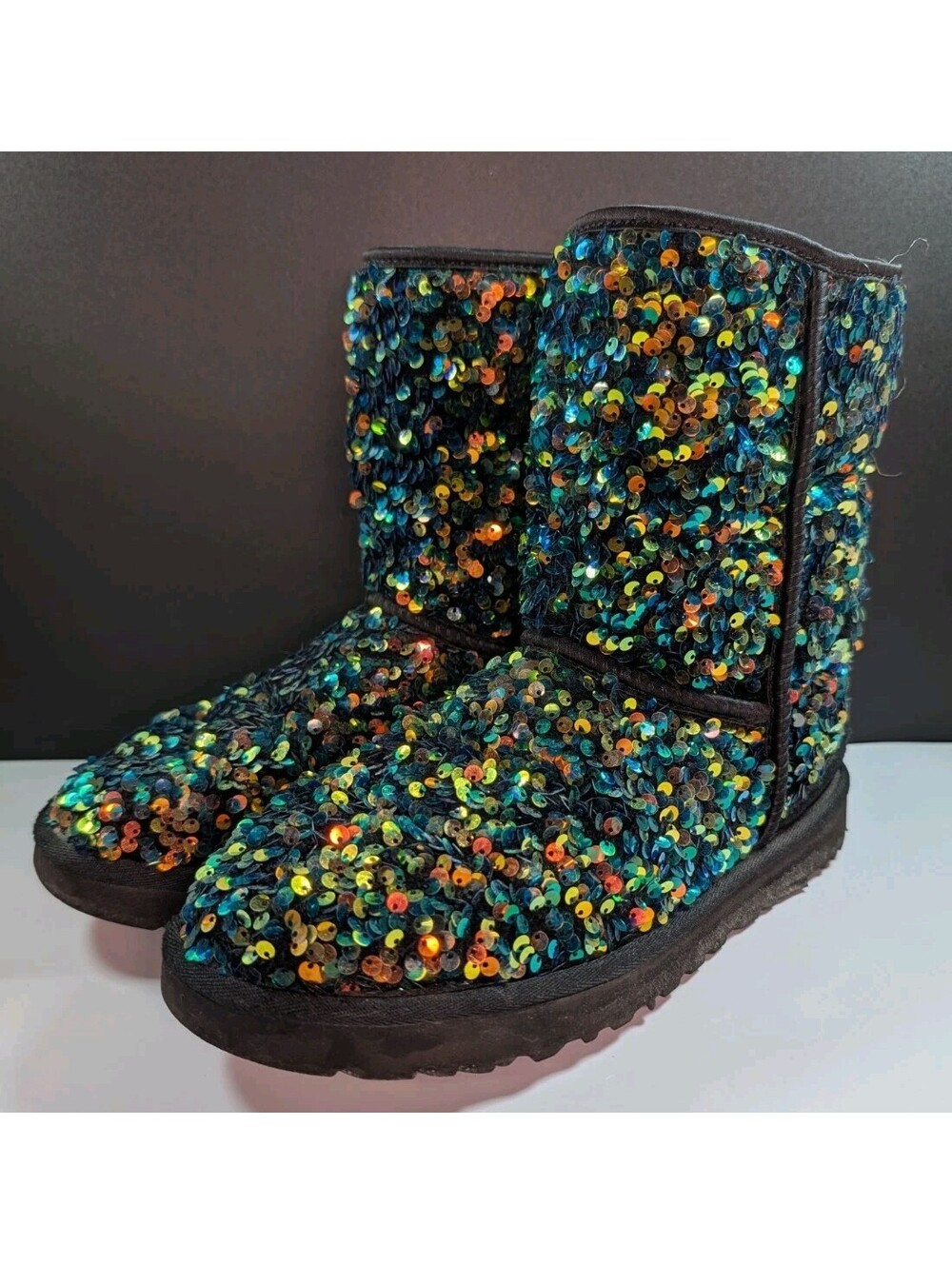 UGG Womens 8 Black Classic Short Stellar Sequin Boots Multicolor Sparkle Winter